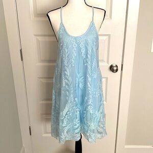Miami| Sky blue baby doll dress w/ lace overlay.  Spaghetti straps w/ razorback